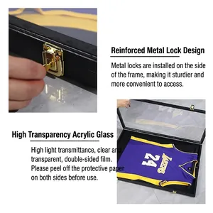 Black jersey display case with secure golden metal locks and high-clarity acrylic panel