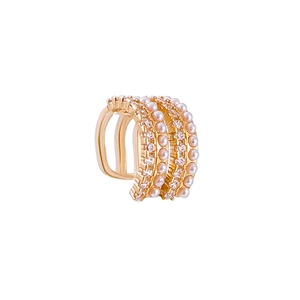 Three-layer gold ear cuff with white pearls and sparkling cubic zirconia stones