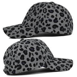 Detail of grey leopard print corduroy baseball cap with high-quality textured fabric