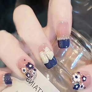 Short Square Press On Nails Deep Blue French Style Hand Painted Flowers With Dimensional Bowknot And Artificial Pearls For Women Elegant