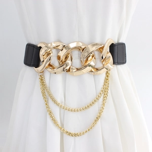 Elastic black waist belt with decorative gold chain links for stylish women dresses