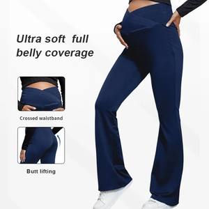 Deep blue maternity yoga flare pants with high waist crossed belly support band