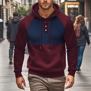 Men's hooded sweatshirt with burgundy and navy blue contrast panels and button collar