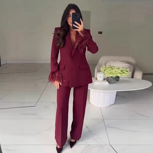 Giacca Blazer Da Donna Slim Fit E Pantaloni Lunghi Con Polsini In Piuma Tinta Unita In Poliestere Completo Da Ufficio Top E Bottom