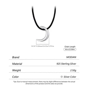 925 sterling silver crescent moon pendant on black cord necklace with sizing parameters