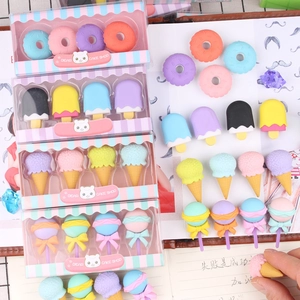 Creative macaroon-colored dessert eraser set with donut and ice cream shapes