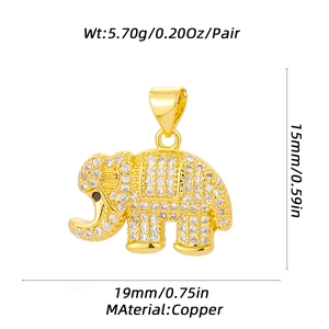 Detailed view of gold elephant pendant with cubic zirconia and technical dimensions