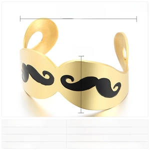 Detailed view of gold mustache cuff bracelet with 63mm inner diameter and 33mm width