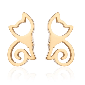 Close-up of cute golden hollow cat stud earrings in minimalist stainless steel