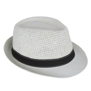Detailed view of breathable white straw fedora with black decorative ribbon band