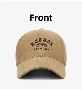 Front view detail of khaki corduroy baseball cap with high-quality vintage embroidery
