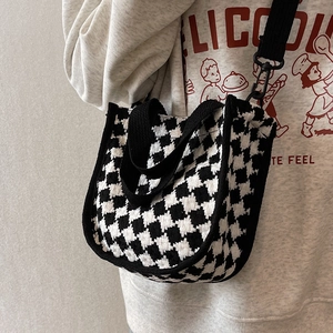 Japanese style black and white houndstooth canvas crossbody bag with top handle