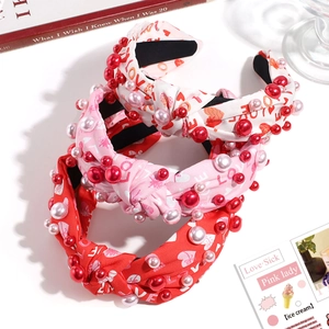 Pink knotted headbands set with love heart print and white faux pearls accessories