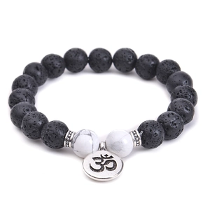 Natural Lava Stone White Turquoise Beaded Bracelet Alloy Lotus Om Buddha Charm Elastic Yoga Meditation Jewelry Unisex