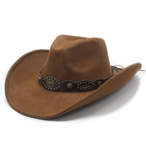 Brown western cowboy hat with vintage bull head emblem and metal rivets decor