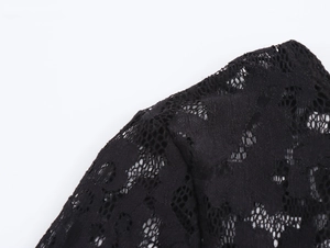 Close-up of elegant black lace pattern and fabric texture on a slim-fit evening dress