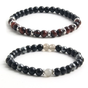Natural red tiger eye and matte stone beaded elastic bracelets for men with metal spacers