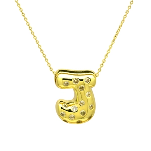 Detail of gold bubble letter J pendant necklace with micro-paved cubic zirconia