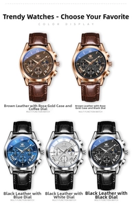 Detailed grid of quartz chronograph watches featuring leather straps and date windows