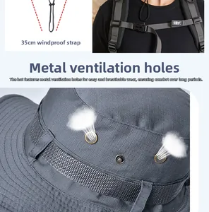 Détail du chapeau de soleil avec œillets d'aération en métal et cordon réglable de 35 cm