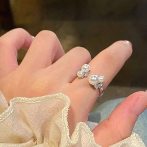 French style open ring with white pearls and sparkling zircons for women