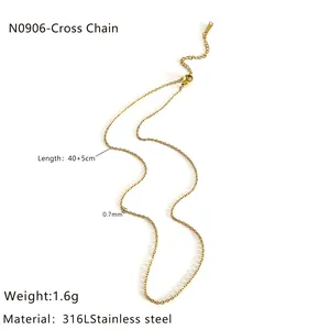 Detail view of 18K gold plated stainless steel 0.7mm cross chain with length specifications