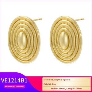 Detailed view of gold oval brass earrings with dimensions and 3g weight specifications