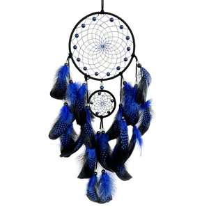 Handmade luminous dream catcher with black and blue feathers for wall decoration