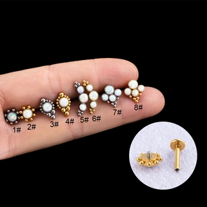 Classic stainless steel labret stud set with white opal inlay and internal thread screw