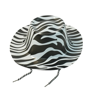 Top-down view of a zebra print cowboy hat with black and white stripes and chin strap