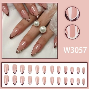 Leopard print almond press-on nails with french tips and matte nude base set