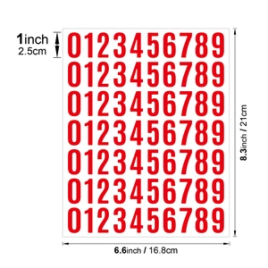 Detailed view of red waterproof vinyl number stickers with dimensions in inches and cm