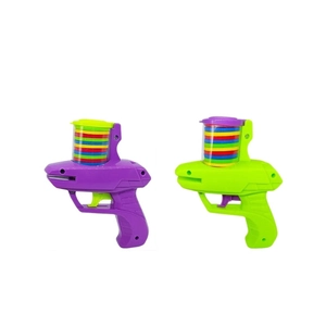 Dual pack purple and green disc shooters for kids with colorful foam flying saucer ammo