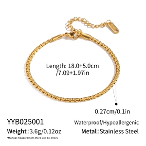 Detailed size and weight chart for a waterproof gold stainless steel link bracelet