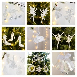 Christmas Tree Hanging Ornaments Glitter Acrylic Wood Snowflakes Angel Reindeer Bow Festive Holiday Party Decor