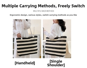 Detail showing versatile carrying ways for striped woven tote bag with rope handles
