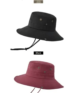 Detailed close-up of quick-dry nylon sun hats with adjustable cords and metal eyelets