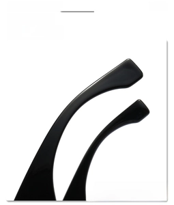Detail of ergonomic curved temple tips on black sunglasses for non-slip comfort fit