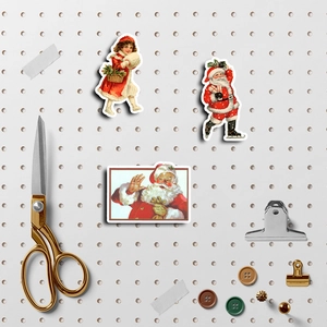 Vintage Christmas Santa stickers for DIY journals with stationery on white board