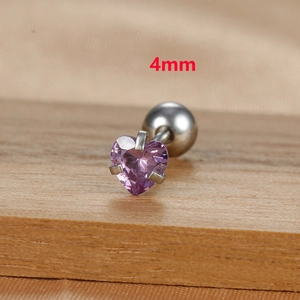 Macro shot of heart-shaped earring with 4mm purple zircon and secure screw-back ball closure
