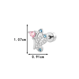 Silver butterfly cartilage earring with pink heart gemstone and blue crystal accents