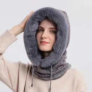Winter thermal balaclava hood with thick faux fur lining and adjustable drawstring
