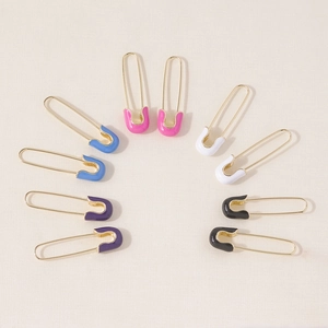 Colorful safety pin earrings set in gold alloy with vibrant enamel oil drip finish