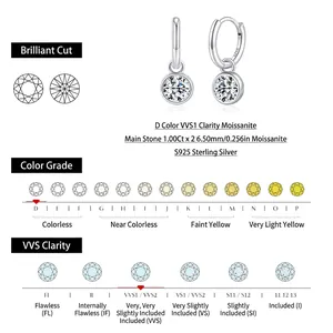 Moissanite hoop earrings in S925 sterling silver with 1ct D color VVS1 round cut stones