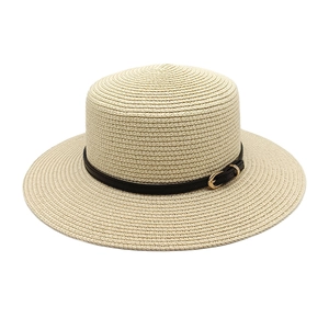Boater Straw Hat Women Flat Top Wide Brim Sun Protection Summer Beach Holiday Woven Breathable PU Leather Band Buckle