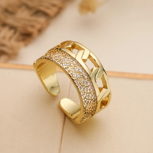 Luxurious 18K gold plated wide open ring with geometric cutouts and shimmering zircons