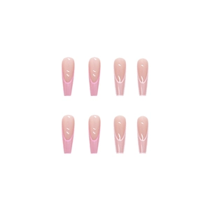 Pink gradient long coffin press on nails with white French tip design and glossy finish
