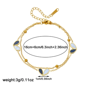 Gold stainless steel double layer bracelet featuring blue and white enamel heart charms