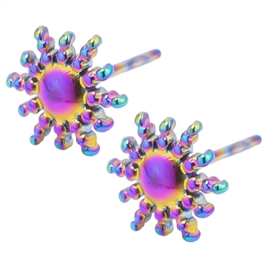 Detail of 304 stainless steel stud earring with rainbow sunburst design and punk style finish