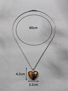 Detailed size view of silver twist chain heart tiger eye stone pendant necklace